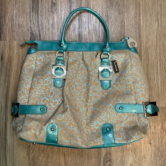Bebe Purse Bag Handbag Tote Vintage Large Blue Khaki Logo - Picture 1 of 16